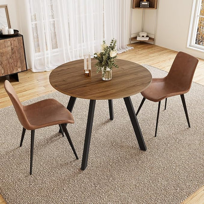 34.6'' Dining Table and Chairs for 2, Mid Century Modern Round Table Set, Space Saving for Apartment Kitchen Dining Room (Walnut Table+2 Brown Chairs)