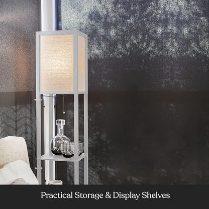 Brightech Maxwell - Modern Shelf Floor Lamp with Lamp Shade and LED Bulb - Corner Display Floor Lamps with Shelves for Living Room, Bedroom and Office - White