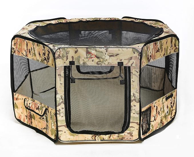 Pawer 45”×24” 8-Panel Foldable Pet Playpen, Desert Camouflage Pattern, Personalize Fabric Piece Available, for Cat/Dog/Puppy, 600D Oxford Cloth Portable Indoor & Outdoor Kennel with Carry Bag