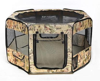 Pawer 45”×24” 8-Panel Foldable Pet Playpen, Desert Camouflage Pattern, Personalize Fabric Piece Available, for Cat/Dog/Puppy, 600D Oxford Cloth Portable Indoor & Outdoor Kennel with Carry Bag