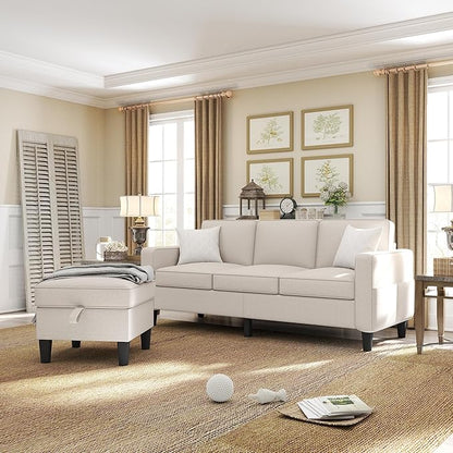ZeeFu Couch for Living Room - 78'' Beige Linen 3 Seat L-Shaped Sectional Sofa Couches with Storage Ottoman - Modern Small Space Upholstered Furniture Sofa Set for Office Small Space Apartment Bedroom