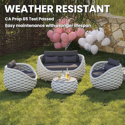 Erotr Aluminum Patio Furniture Set: 4 Pieces Woven Rope Outdoor Conversation Sofa Set Assembled - Modern Cushioned Armchair Couch Set for 660lbs Porch Deck Backyard Poolside Garden Drawing Room Hotel