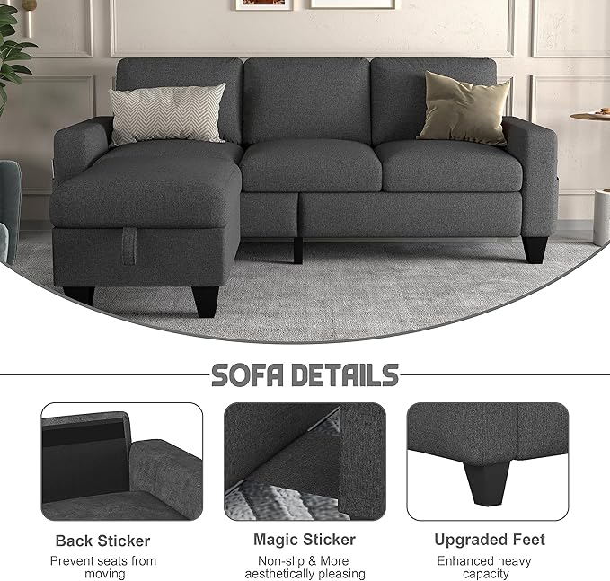 ZeeFu Couch for Living Room - 78'' Beige Linen 3 Seat L-Shaped Sectional Sofa Couches with Storage Ottoman - Modern Small Space Upholstered Furniture Sofa Set for Office Small Space Apartment Bedroom