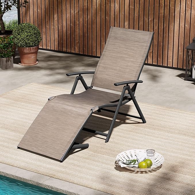 VredHom Patio Chaise Lounge Outdoor Adjustable Folding Lounge Chair Recliner with 8 Adjustable Backrest Positions for Pool Beach Yard,Textliene & Brown Aluminum Frame