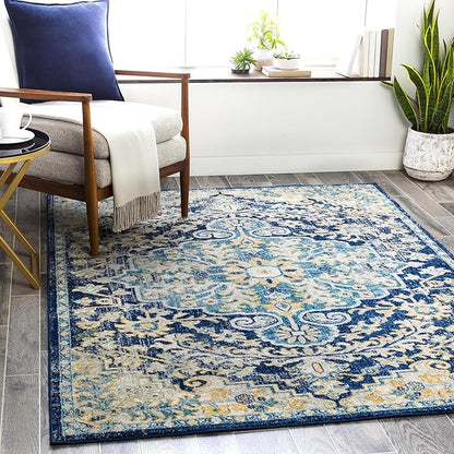 Livabliss Area Rugs - 5x7 Odelia Vintage Boho Blue Aqua Slate Area Rug for Living Room Bedroom - Floral Medallion Stain Resistant Carpet for Kitchen, Nursery, Office (5'3" x 7'3")