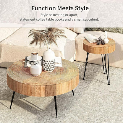 COZAYH 2-Piece Modern Farmhouse Living Room Coffee Table Set, Nesting Table Round Natural Finish with Handcrafted Wood Ring Motif, Light Red + Wood Color