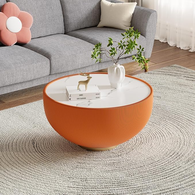 Orange Round Coffee Table with Sintered Stone Tabletop, 29.53" Drum Coffee Table with Fluted PU Leather Covered and Metal Base, Circle Cocktail Tea Table for Living Room