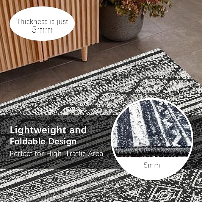 RUGSURE Washable Area Rugs 5' x 7' - 1/6 Thick - Moroccan-Inspired -Stain & Water Resistant Non-Slip - Resistant Rug for Living Room, Bedroom, Nursery, Pet & Child Friendly (Black)