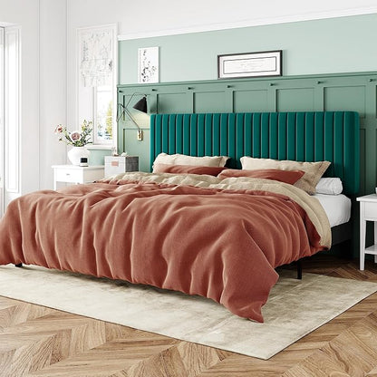 Allewie King Bed Frame, Velvet Upholstered Platform Bed with Adjustable Vertical Channel Tufted Headboard, Mattress Foundation with Strong Wooden Slats, Box Spring Optional, Easy Assembly, Teal