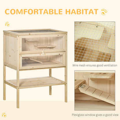 3-Tier Wooden Hamster Cage Mice and Rat Cage Small Animals Hutch with Openable Top, Front Door, Shelf, Natural Wood
