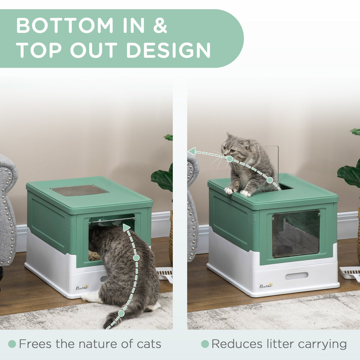 Fully Enclosed Cat Litter Box with Front Entry and Top Exit, Plastic, Green & White