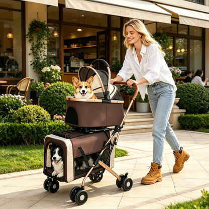 Double Pet Stroller for Dogs and Cats, Foldable Frame, 3-in-1 Convertible Carrier/Tote, Shockproof Wheels, Brake System, Fixed Safety Leashes for Small/Medium Pets in Multi-Pet Homes(Khaki)