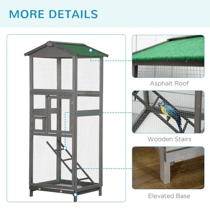 Wooden Bird Cage Outdoor Aviary House For Parrot, Parakeet, With Pull Out Tray And 2 Doors, Grey