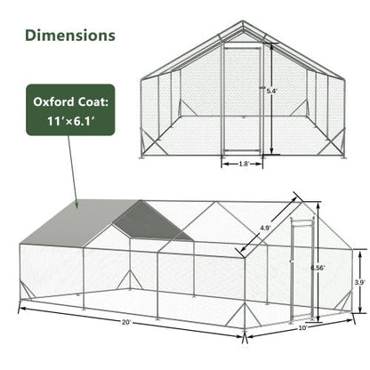 Large Metal Chicken Coop, Walk-in Chicken Run,Galvanized Wire Poultry Chicken Hen Pen Cage, Rabbits Duck Cages With Waterproof And Anti-Ultraviolet Cover For Outside10 L X 20W X 6.56H