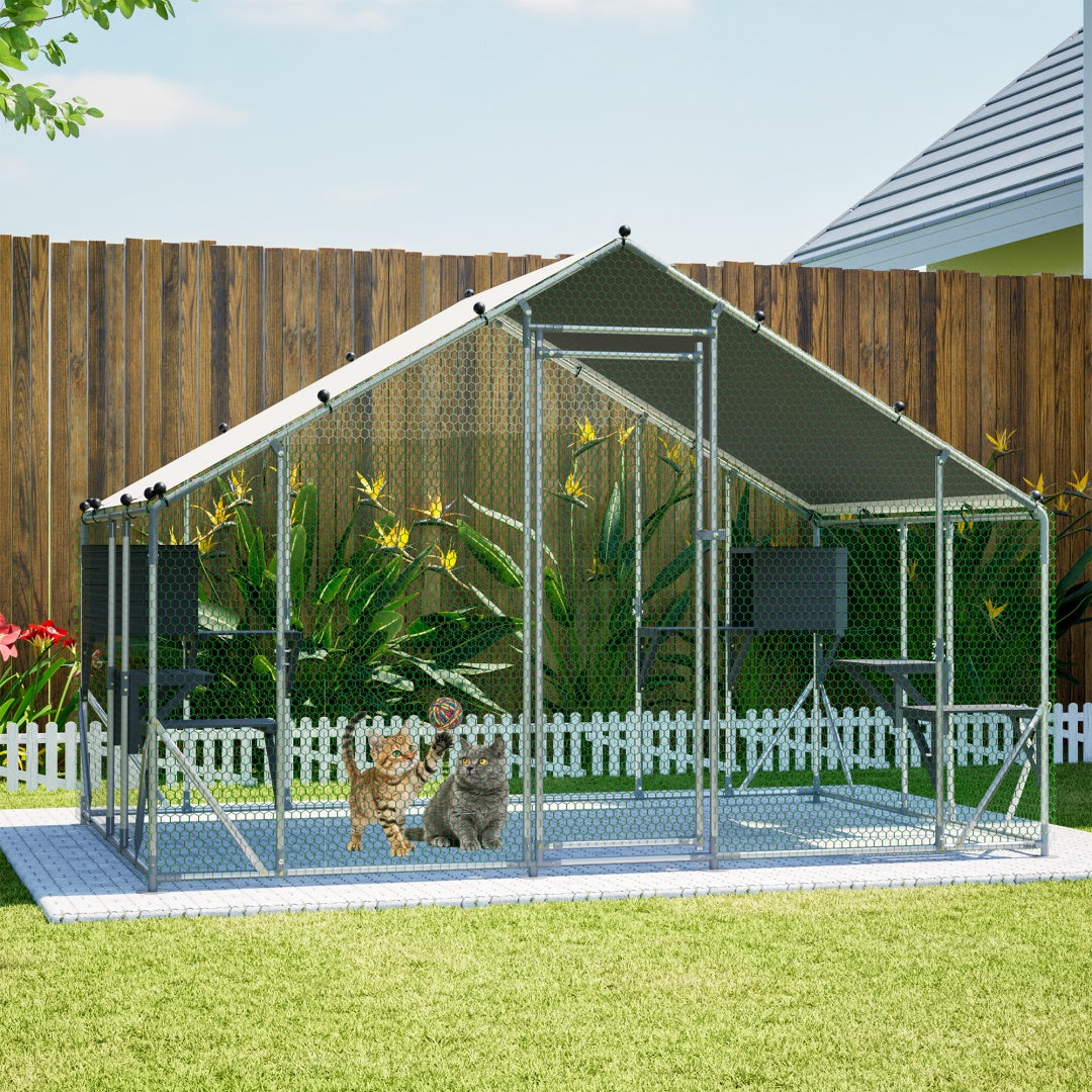 Extra Sturdy 3x2m Outdoor Metal Cat Cage -DIY Solid Wood Platform, Double Safety Lock & Enhanced Stability, Multi-Pet Use, Waterproof Tarp Included