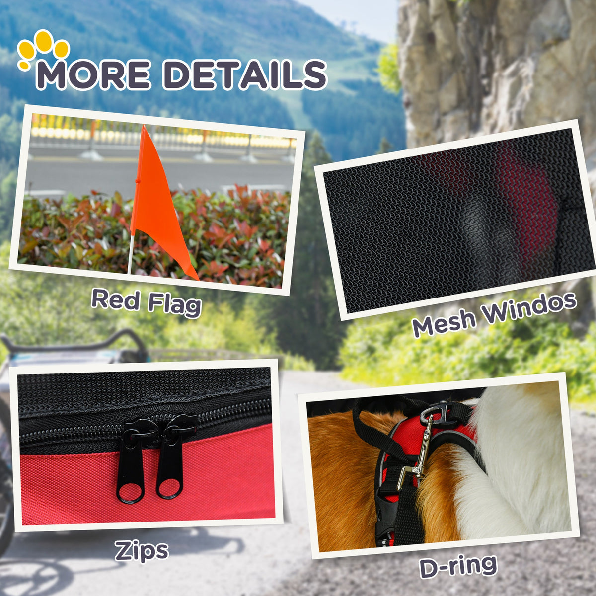 Dog Bike Trailer With Easy Folding Cart Frame, Large Wheels, 3 Entrances, Mesh Screen, For Dogs Within 44 Lbs, Red & Black