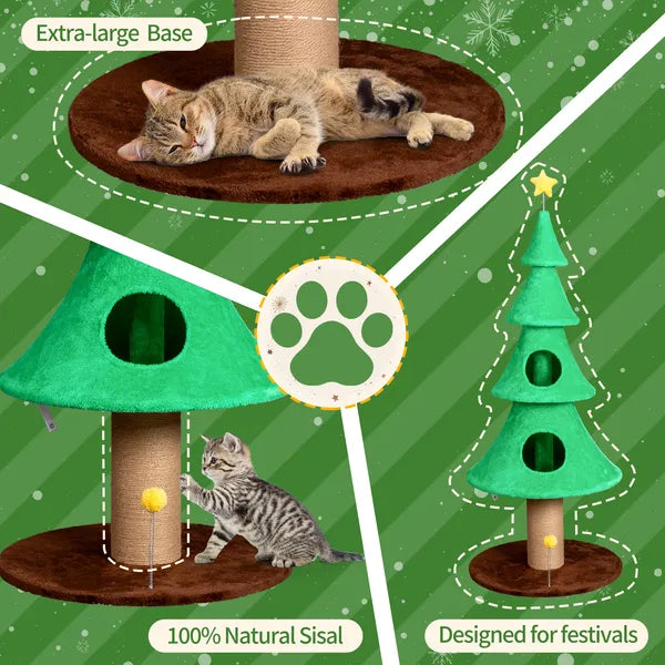 59in Large Tall Christmas Tree Cat Tower With 2 Cat Condos & Scratching Post, Soft Fleece Cat Tree With Teaser Toy & Sturdy Base & Built-in Openings For Indoor Cats, Green