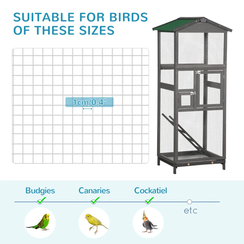 Wooden Bird Cage Outdoor Aviary House For Parrot, Parakeet, With Pull Out Tray And 2 Doors, Grey