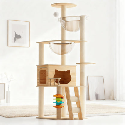 59" Modern Cat Tower, Wood Cat Tree Tower for Indoor Cats, Cat Treewith Sisal-Covered Scratching Posts and Top Perch, Cat Condo with Acrylic Hammock for Small Large Cats