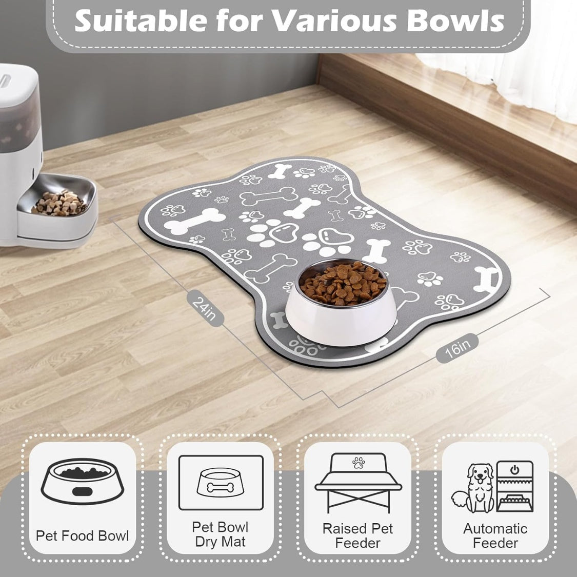 Dog Cat Food Mat,Rapid Absorbent Pet Feeding Mat, Bone Shaped Dog Placemat Water Bowl Mat With Rubber Backing,No Stains Dog Cat Food Mats Indoor, Pet