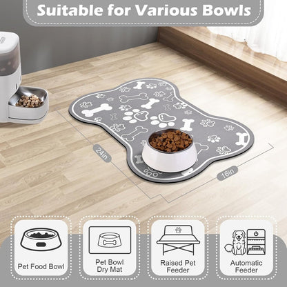 Dog Cat Food Mat,Rapid Absorbent Pet Feeding Mat, Bone Shaped Dog Placemat Water Bowl Mat With Rubber Backing,No Stains Dog Cat Food Mats Indoor, Pet