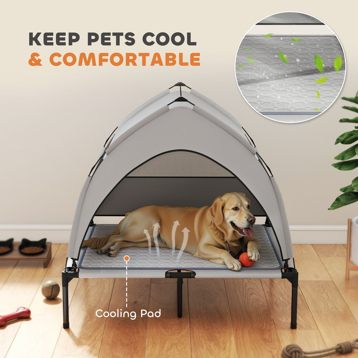 Elevated Dog Bed with Removable Canopy, Portable Outside Raised Pet Cot with Cooling Pad, Storage Bag, 36" x 29.5" x 35"
