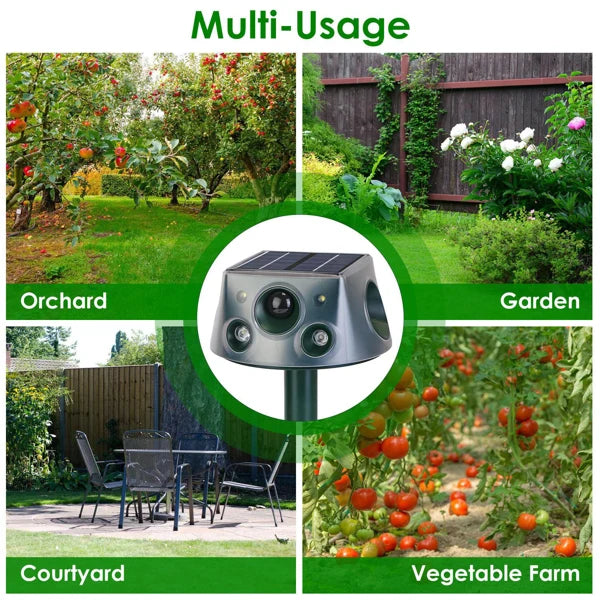 Solar & Type-C Rechargeable Animal Repeller - 3 Modes Ultrasonic+Buzzer+Vibration, IP66 Waterproof, 2200mAh Battery, Repels Moles Bats Squirrels Birds For Yard Garden Farm