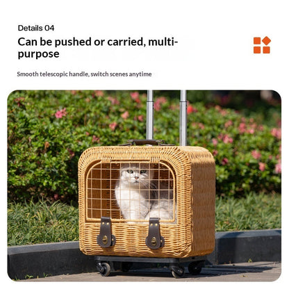 Portable Woven Rattan Cat Carrier With Ventilation And A Pull Handle For Outings