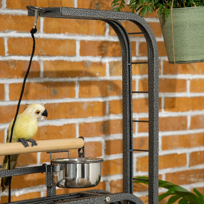 PawHut Parrot Stand Large Bird Perch Stand With Toy Hook  3 Ladders, Parrot Perch, Bird Wooden Stand, Gray
