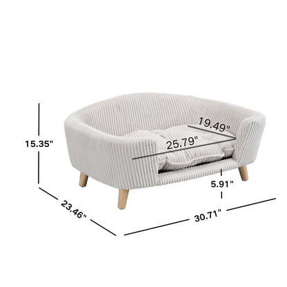 Elevated Dog Bed Frame for Small Dog, Corduroy Pet Couch Bed with Rubber Wood Legs and Supportive Foam, Beige , Easy Assembly