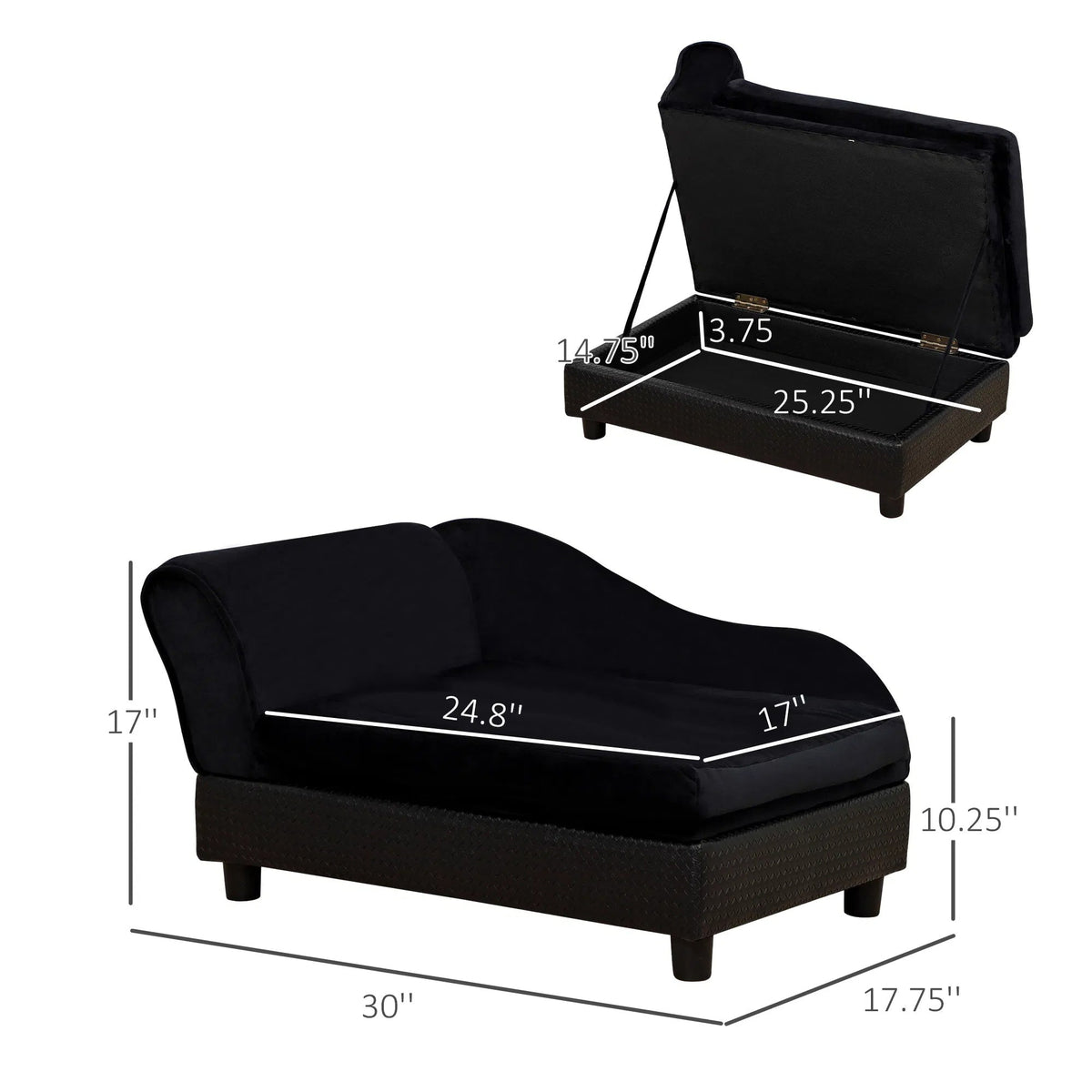 Luxury Dog Bed For Small Dogs, Hidden Storage, 3 In Foam Cushion, Modern Pet Sofa, Black