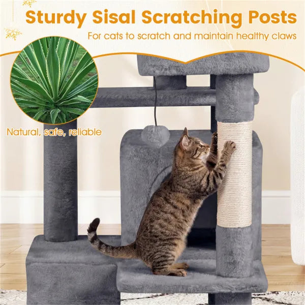 52" Tall Cat Tree Tower With Perches & Condos, Multi-Cat Playground With Scratching Posts (Light Gray)