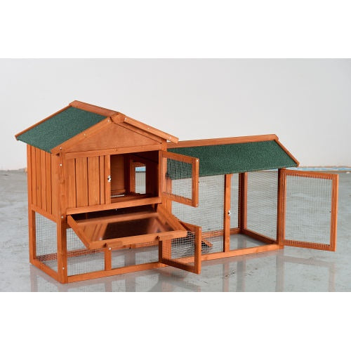 Large Wooden Rabbit Hutch, 2 Story Outdoor Bunny Cage With Waterproof Asphalt Roof, Pull-Out Tray  Ramp, Fir Wood Pet House For Rabbits, Chickens, Guinea Pigs Brown  Green