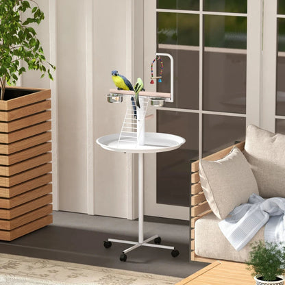 PawHut Bird Stand With Wheels, Perches, Feed Bowls, Round Tray For Parrot