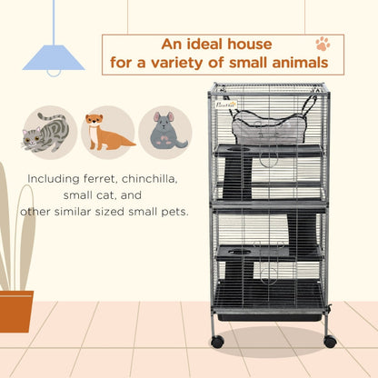 Metal Small Animal Cage Rolling Big Ferret Cage, Chinchilla Cage, Sugar Glider Cage, With Hammock & 4 Tiers, Removable Tray, Gray