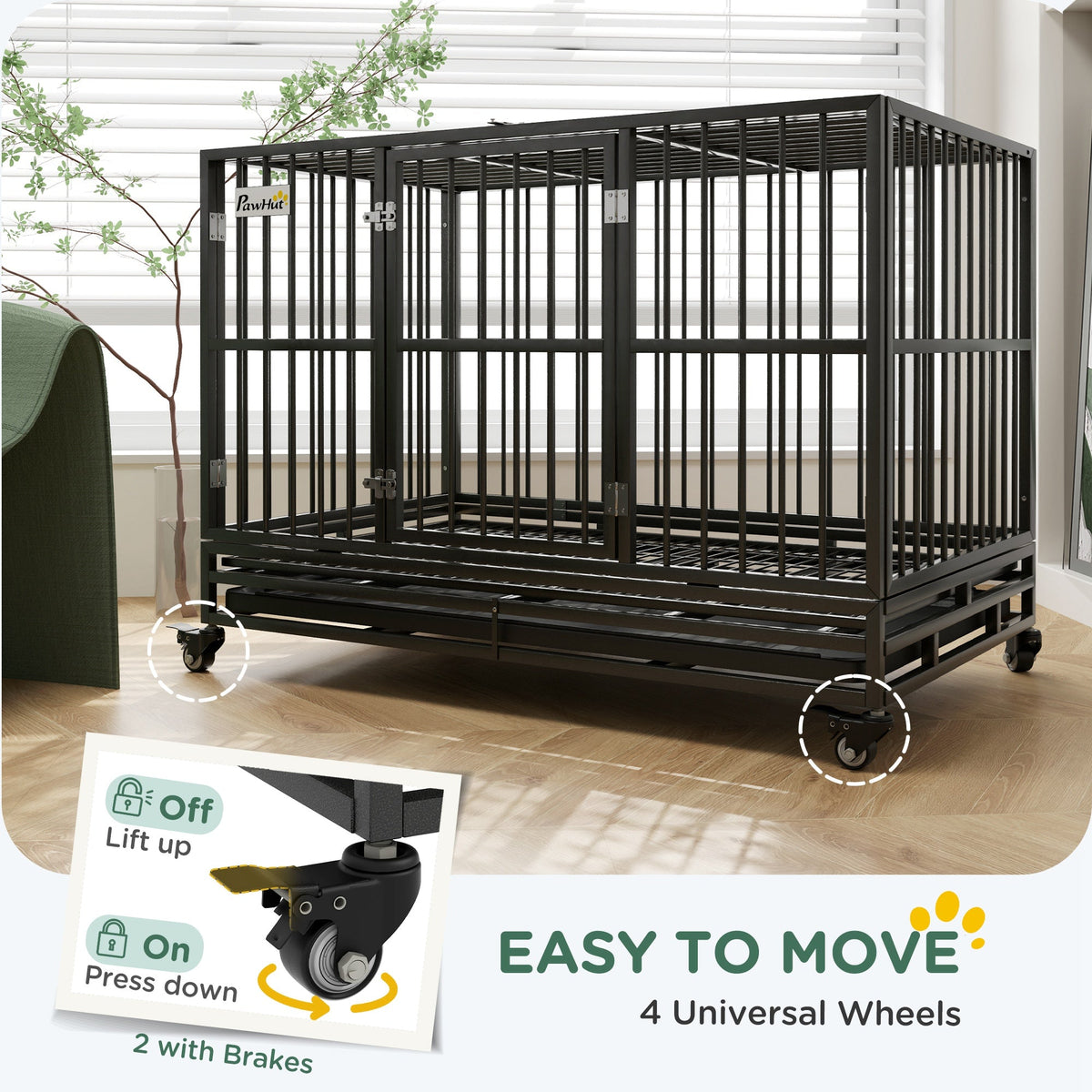 48" Heavy Duty Dog Crate Metal Cage Kennel with Lockable Wheels, Double Door and Removable Tray, gray