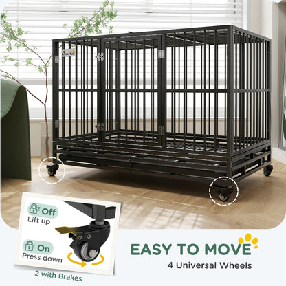 48" Heavy Duty Dog Crate Metal Cage Kennel with Lockable Wheels, Double Door and Removable Tray, gray