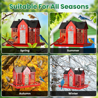 1Pc  Metal Hanging Bird Feeder House Classic Barn Bird Feeder House Iron Hanging Outdoor Feeder With Visible Window And Lift Top Lid 15.75in Hanging Length Wild Birds Garden Yard