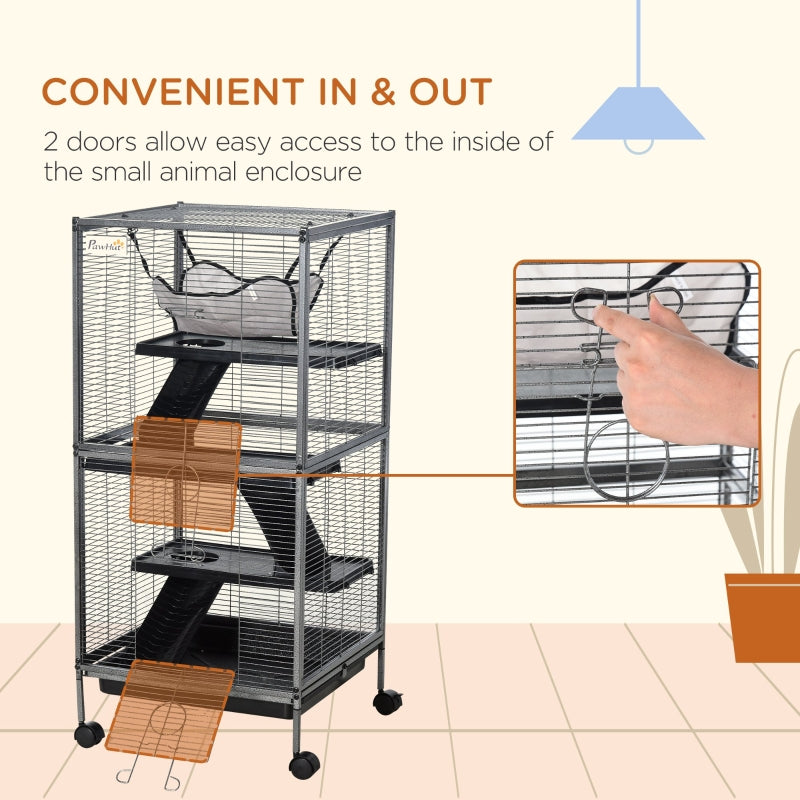 Metal Small Animal Cage Rolling Big Ferret Cage, Chinchilla Cage, Sugar Glider Cage, With Hammock & 4 Tiers, Removable Tray, Gray