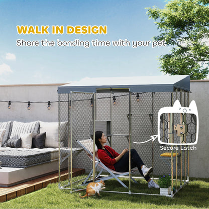 79" Galvanized Steel Large Catio with Waterproof Canopy, Sleeping Box, Jumping Platforms, for 1-3 Kittens, Silver