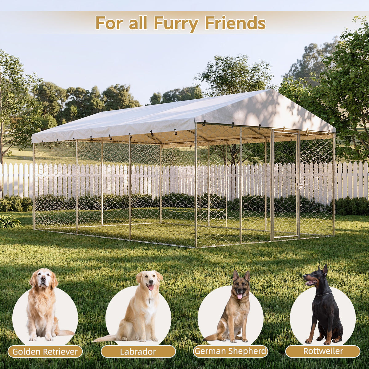 15x10 FT Large Outdoor Dog Kennel with Canopy, Heavy Duty Galvanized Steel Frame, Waterproof Cover, All-Weather Protection, Escape-Proof Lockable Pet Playpen for Large Dogs, Multiple Animals.