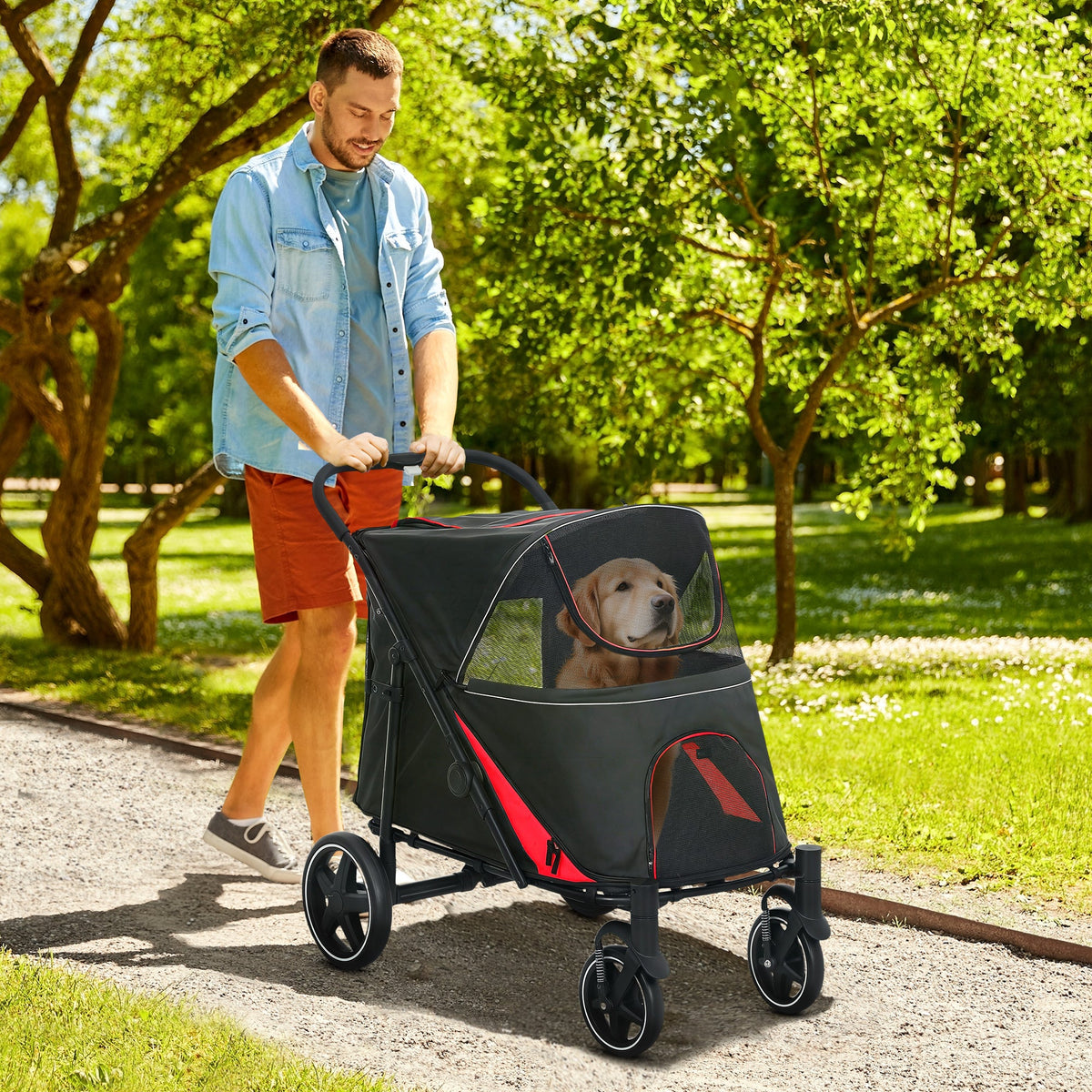 One-Click Foldable Dog Stroller for M, L Dogs, Pet Stroller, Black