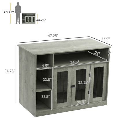 47" Dog Crate Furniture with Storage, for Large Medium Dogs, Gray