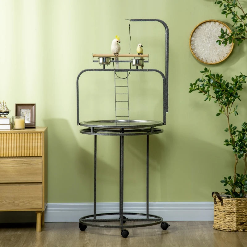 PawHut Parrot Stand Large Bird Perch Stand With Toy Hook  3 Ladders, Parrot Perch, Bird Wooden Stand, Gray
