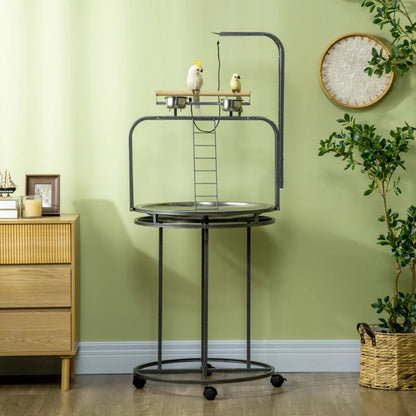 PawHut Parrot Stand Large Bird Perch Stand With Toy Hook  3 Ladders, Parrot Perch, Bird Wooden Stand, Gray