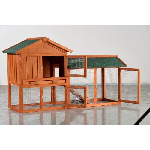 Large Wooden Rabbit Hutch, 2 Story Outdoor Bunny Cage With Waterproof Asphalt Roof, Pull-Out Tray  Ramp, Fir Wood Pet House For Rabbits, Chickens, Guinea Pigs Brown  Green