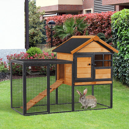 2-Level Rabbit Hutch Bunny Cage, Elevated Pet House With Weatherproof Hinged Asphalt Roof, Removable Tray & Ramp For Outdoor, Natural