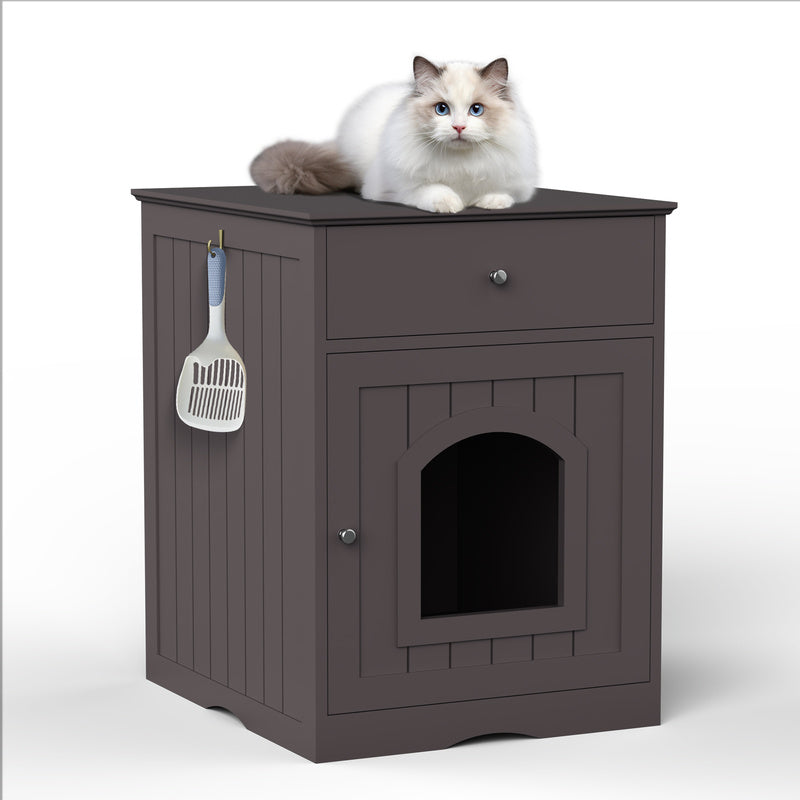 Black Wooden Cat Litter Box Enclosure W Drawer & Side Table, Indoor Pet Crate Nightstand For Home