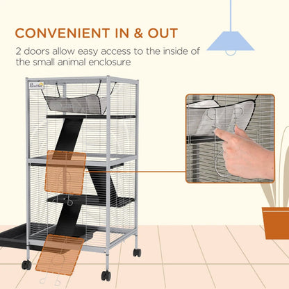 PawHut Rolling Small Animal Cage With Hammock, Ferret Cage, Chinchilla Cage, Pet Habitat With 6 Doors, Removable Tray