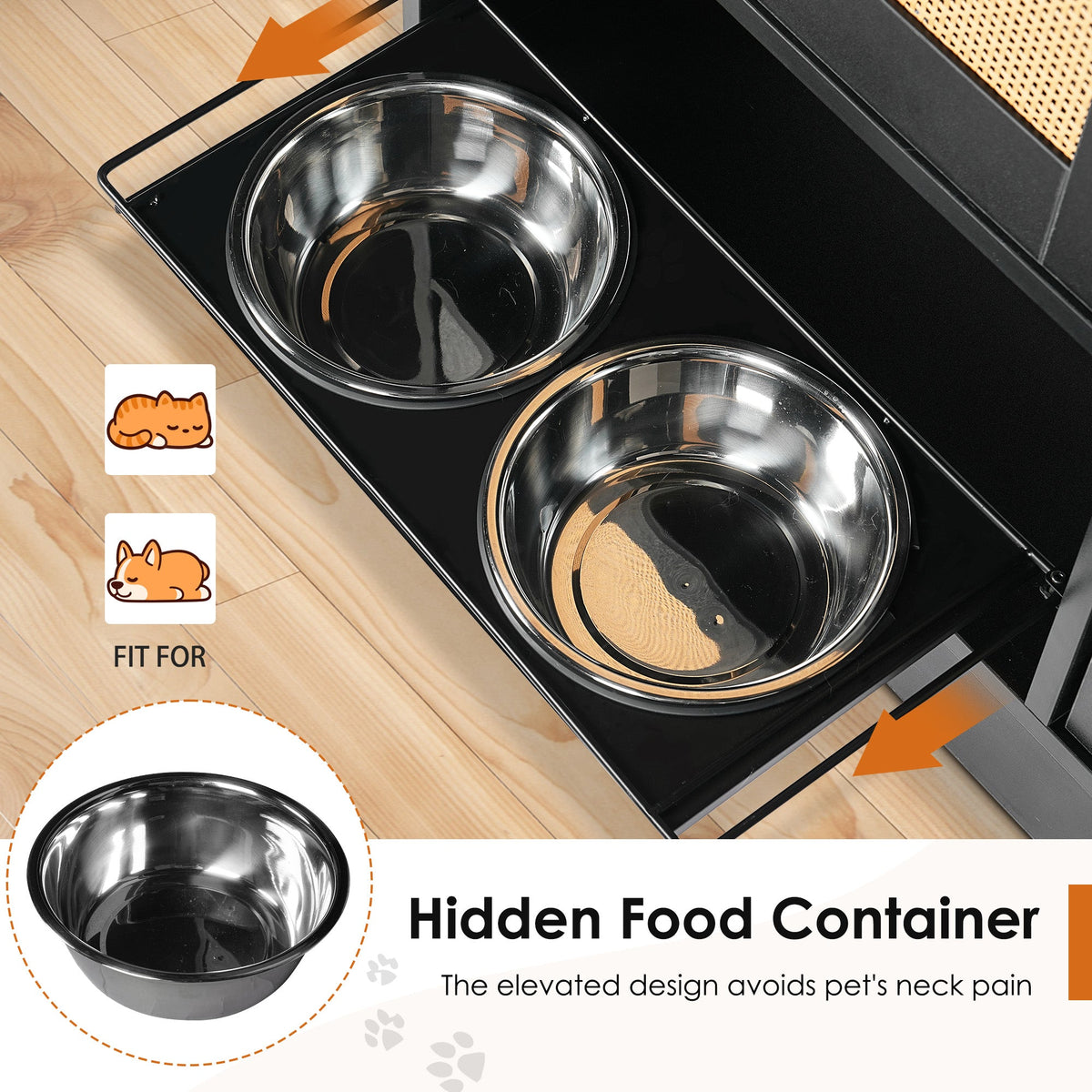 Feeding station with 2 lockers, pet feeding station with 2 elevated dog bowls, side hooks, anti-tipping kit, hidden pet feeding station for feeding and watering, rattan door, black